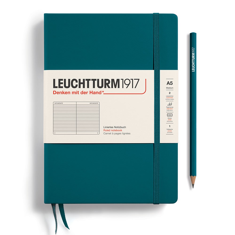 Leuchtturm1917 A5 Ruled Hardcover Notebook - Pacific Green on a white background with a matching pencil. The notebook has two ribbons inside to keep place and an elastic insert to keep the book closed