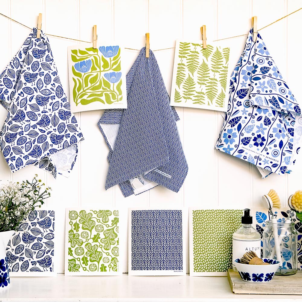 Jangneus Cellulose Dishcloth - Green & Blue Flower
