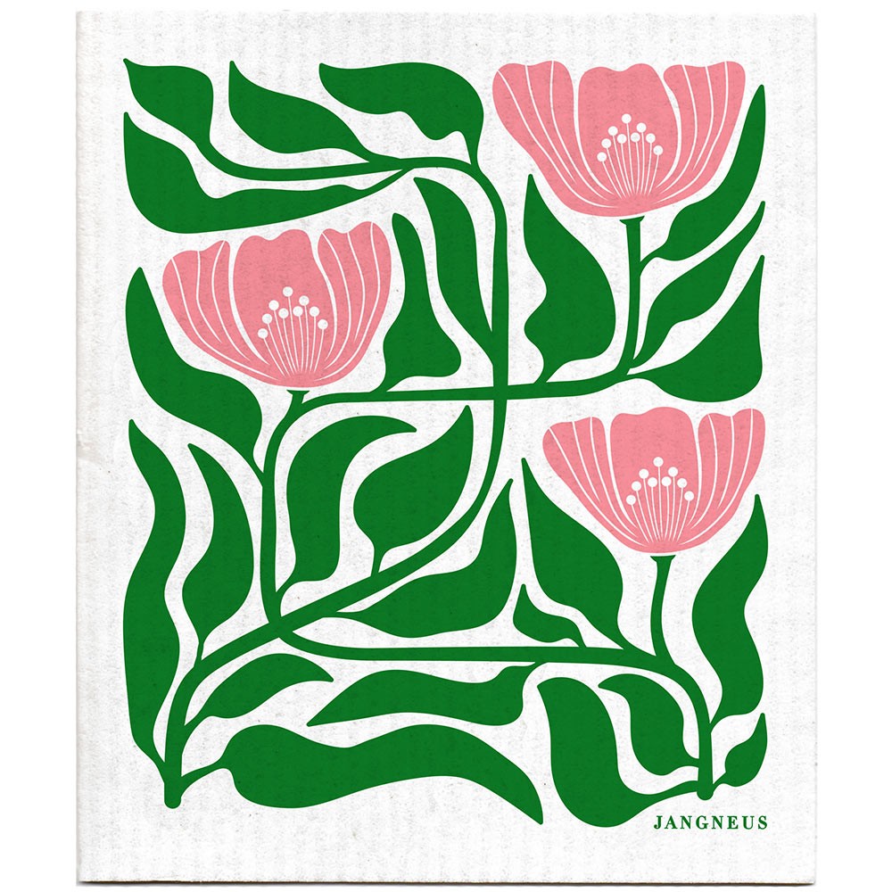 Jangneus Cellulose Dishcloth - Green & Blush Pink Flower
