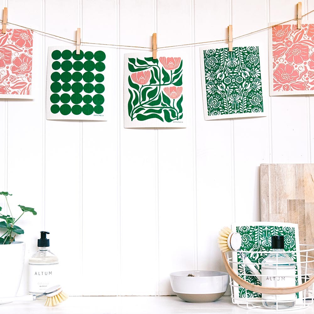 Jangneus Cellulose Dishcloth - Green & Blush Pink Flower