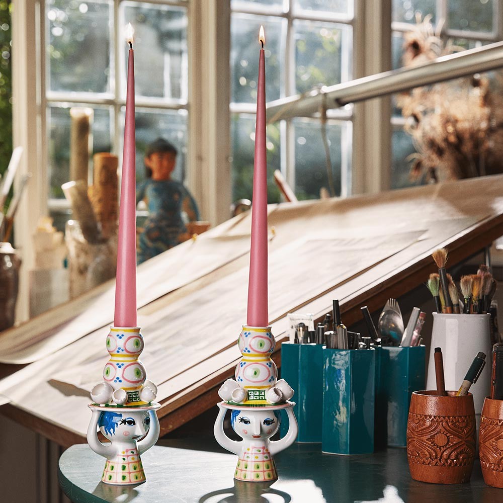 Bjørn Wiinblad Pink Lady with Hat Candle Holderwith pink candles