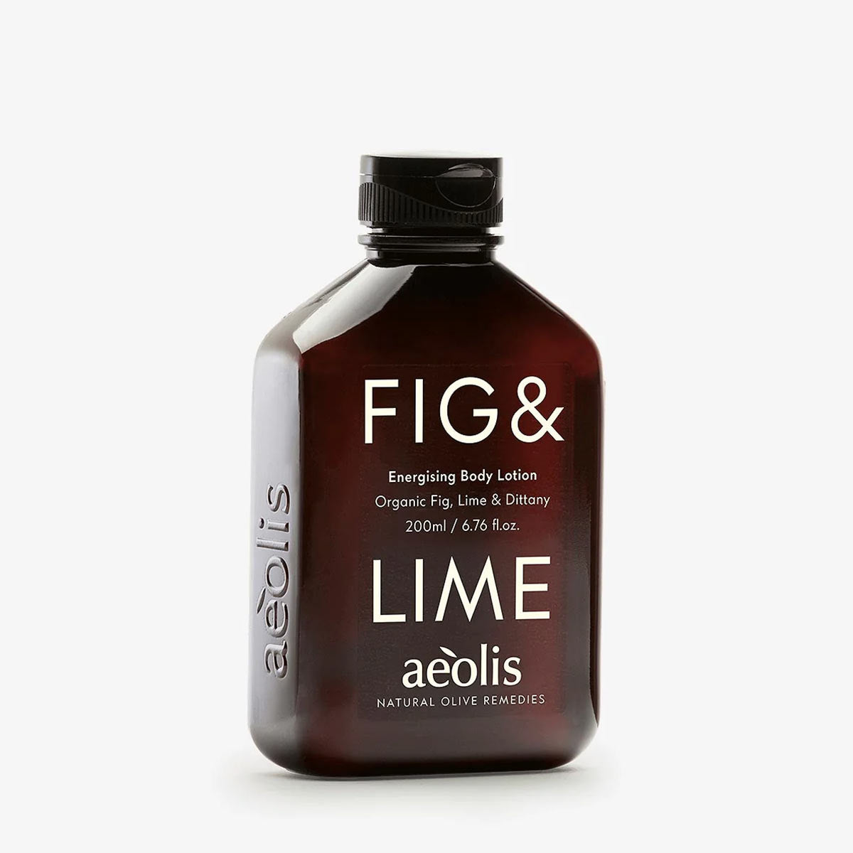 Brown bottle of Fig & Lime body lotion by aeolis on a white background