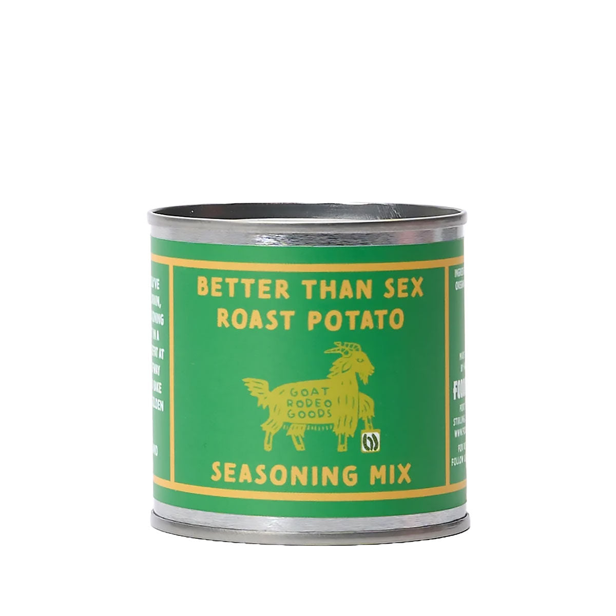 Green can of seasoning mix with humorous label on a white background