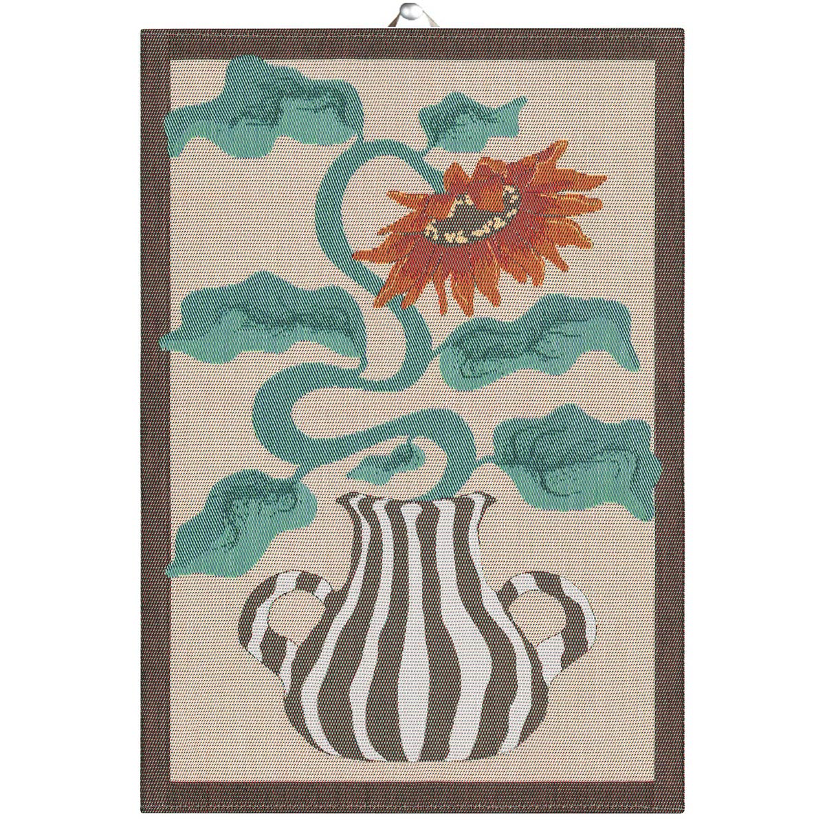Ekelund 'Amanda' hand towel with an artistic sunflower in a black and white striped handled vase