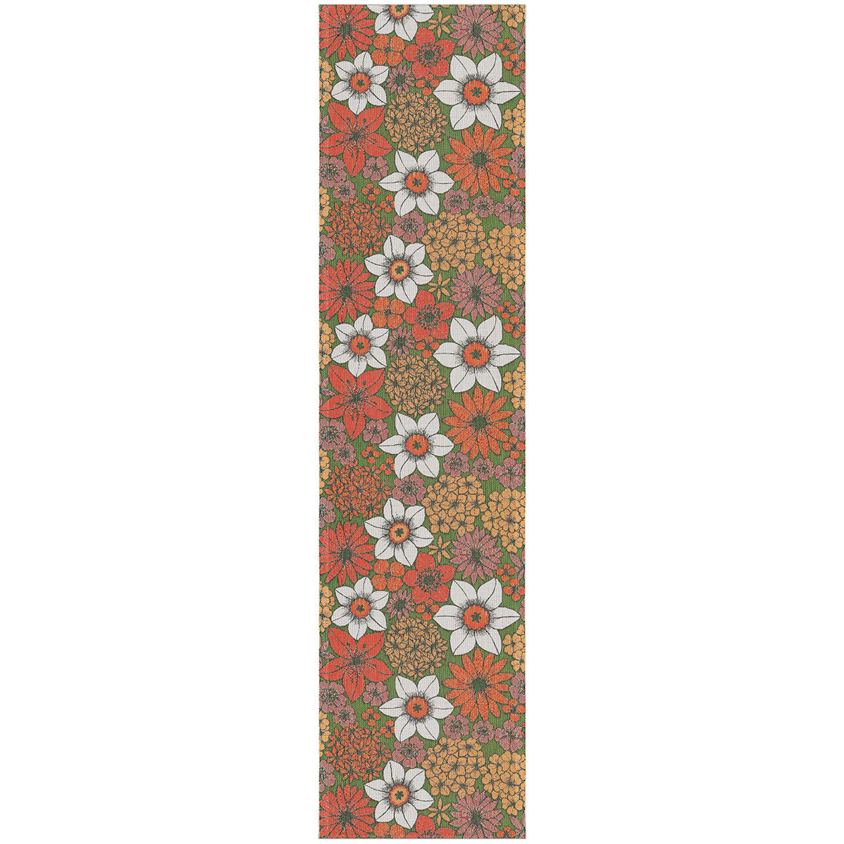 Ekelund 'April' table runner with red, green, white and orange floral pattern on a white background