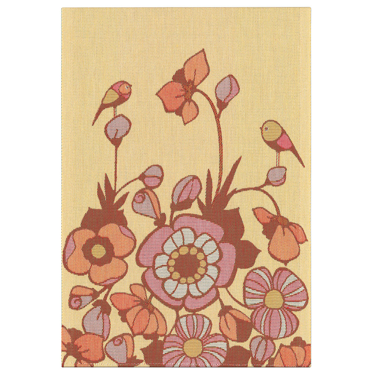 Ekelund Blomkvitter hand towel with a yellow background featuring a floral pattern and two birds.