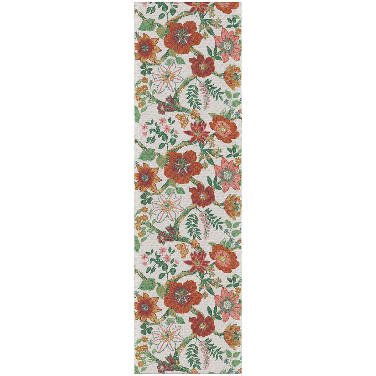 Ekelund 'Broby' cotton table runner with red orange pink and green floral pattern on a white background