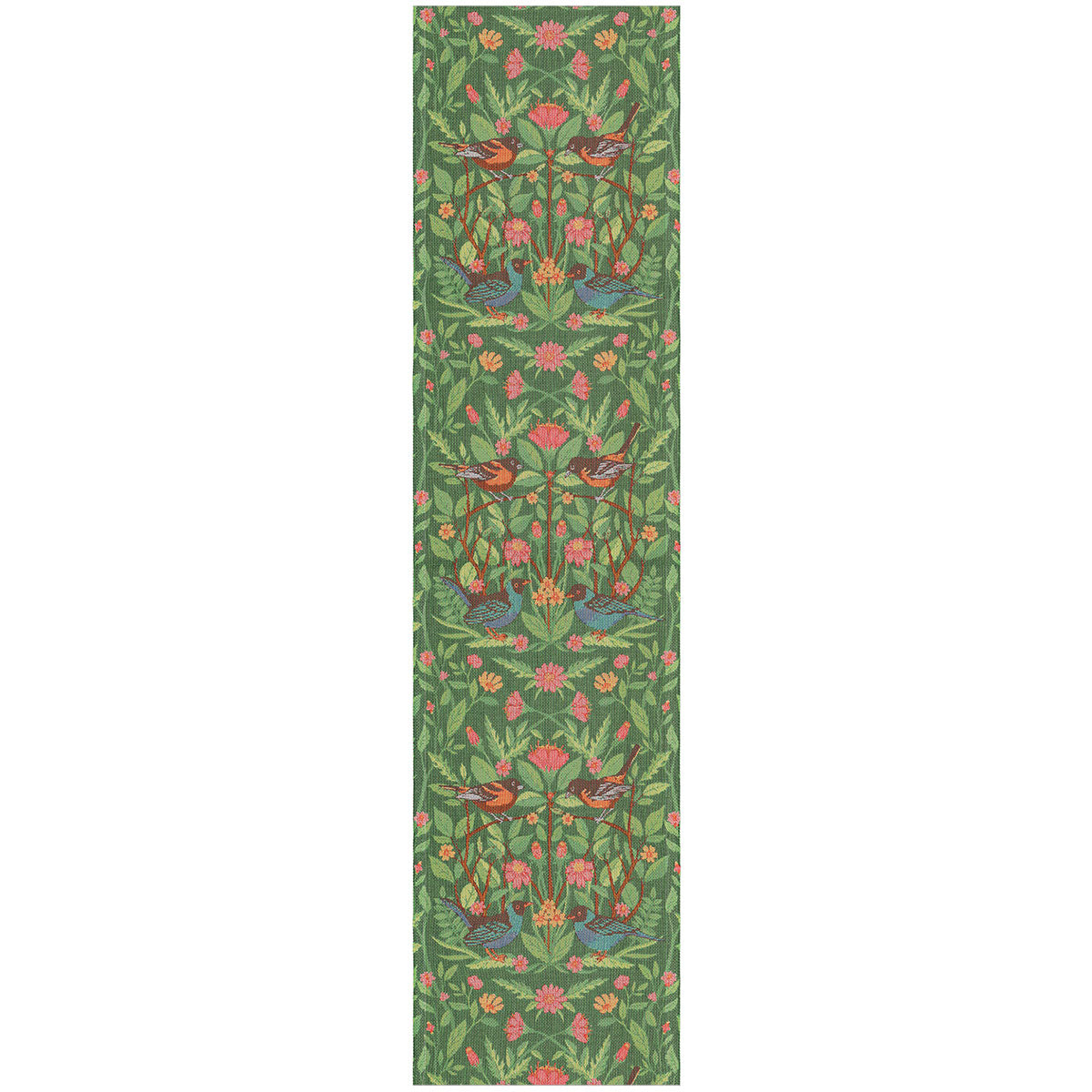 Ekelund 'Fagelliv' table runner with pink and orange flowers, and birds on a green background.