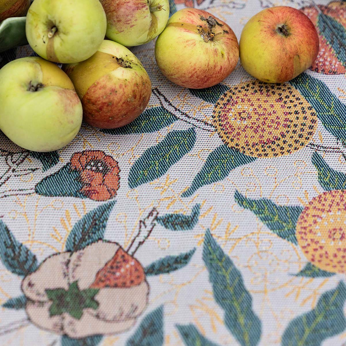 Ekelund 'Fruit' William Morris table runner close up with apples