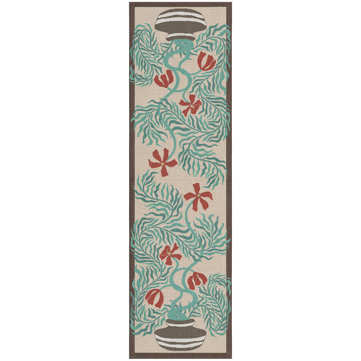 Ekelund 'Lollo' table runner with two large winding red and green flowers in black and white striped pots