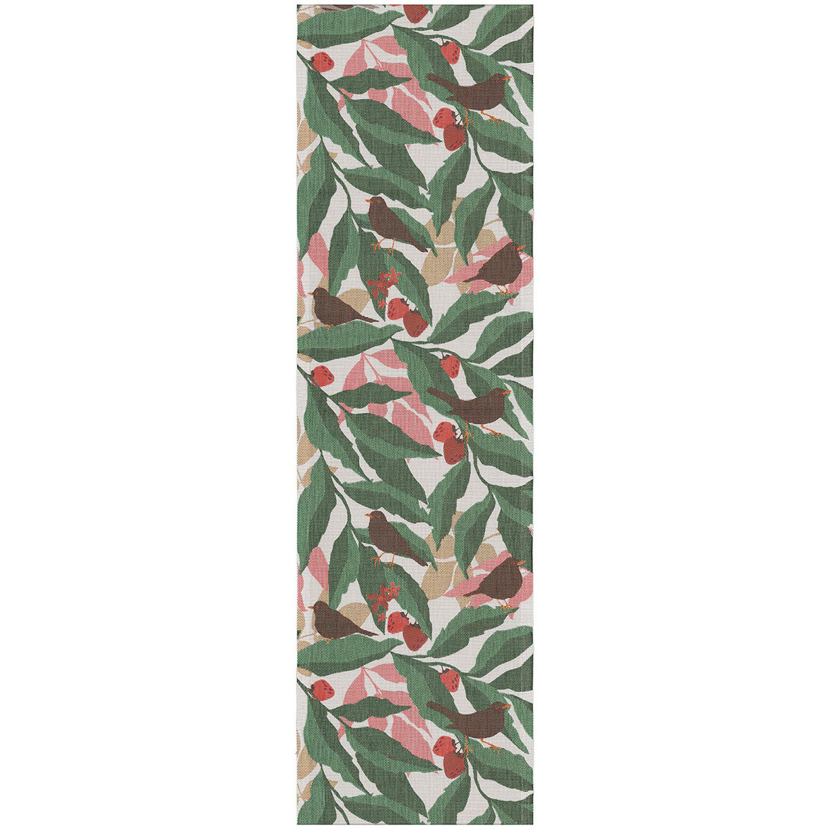 Ekelund 'Lovkvist' cotton table runner with green and pink leaves, strawberries and blackbirds on a white background