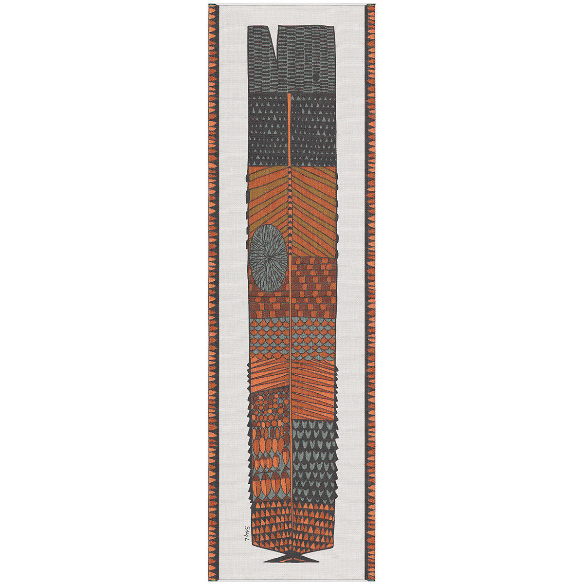 Ekelund 'Natmonster' Stig table runner with a large stone grey and orange fish like creature on a white background with a mathcing border