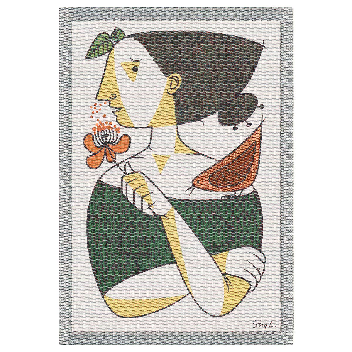 A hand towel featuring a colorful illustration of a woman holding a flower and a bird, designed by Stig Lindberg.