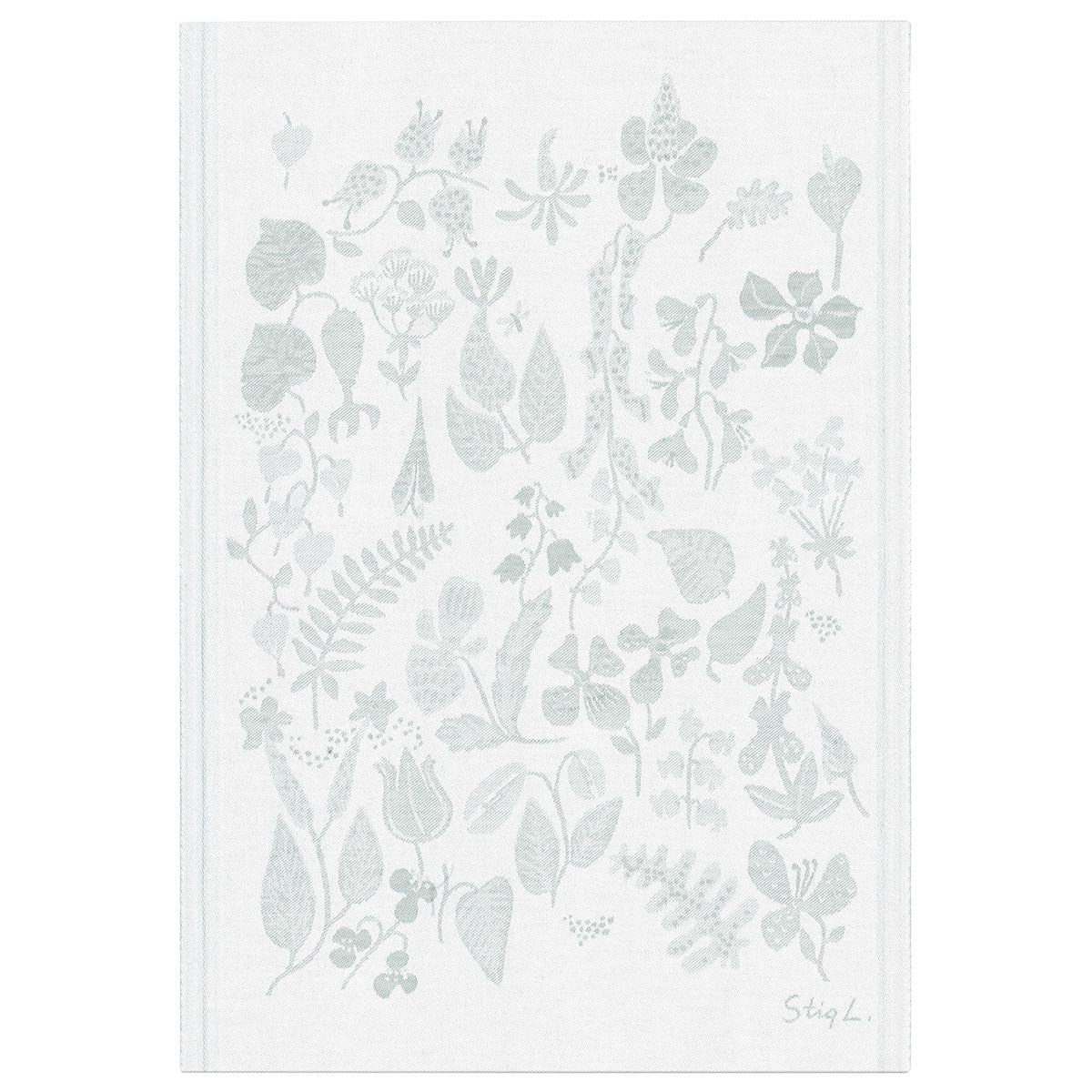 A hand towel featuring a botanical design with various plants and herbs in a grey scale color palette, signed by Stig Lindberg.