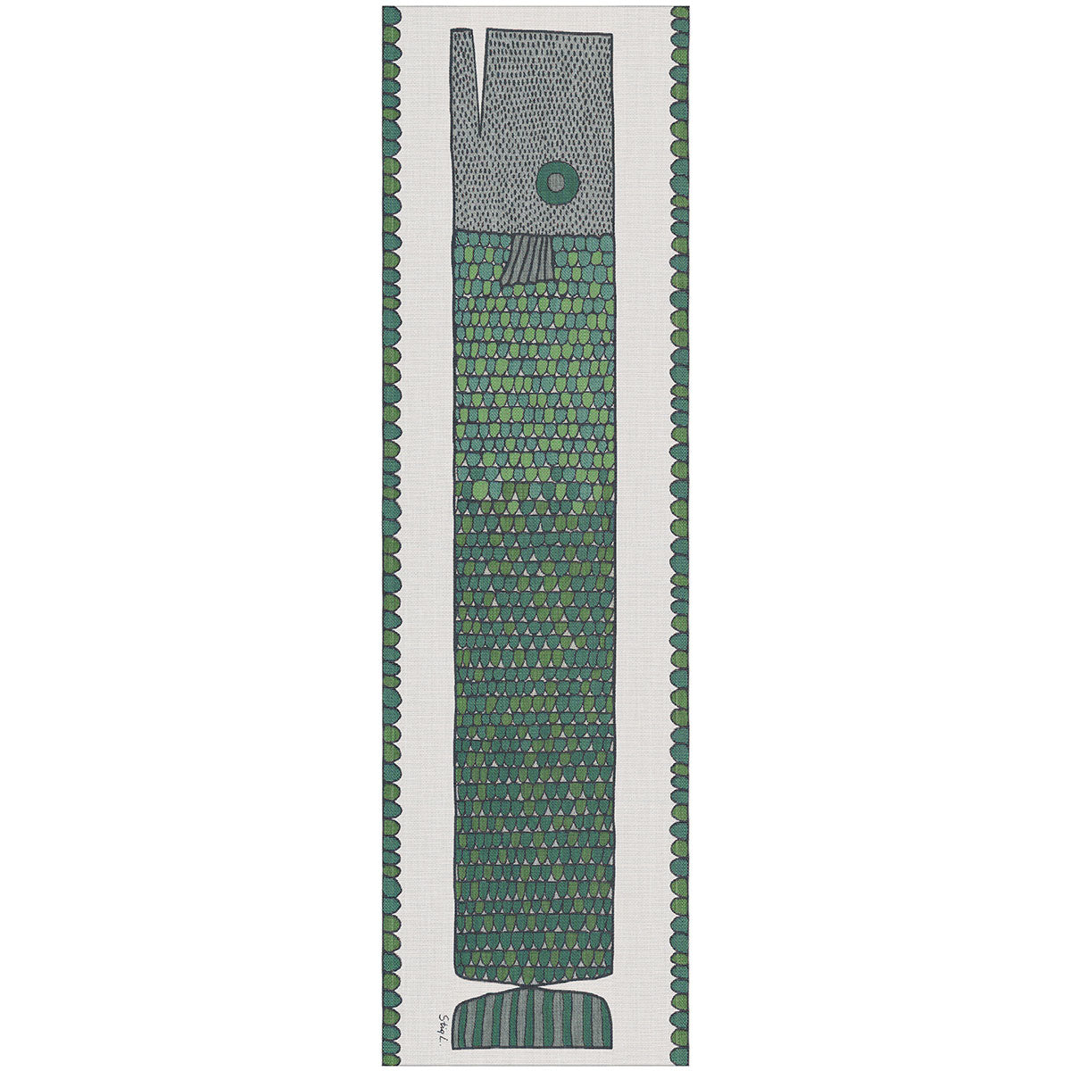 Ekelund 'Fisken' Stig table runner with long green and teal fish-like creature on a white background with a matching green border