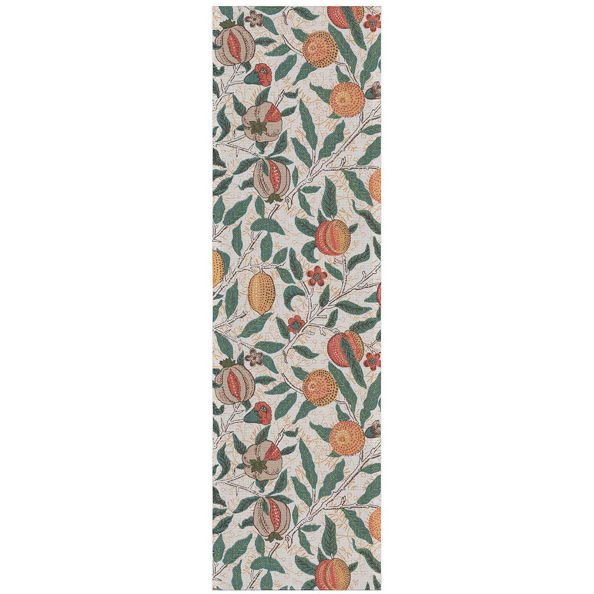 Ekelund 'Fruit' William morris table runner featuring various summer fruits in orange and yellow with greenery and red flowers on a white background