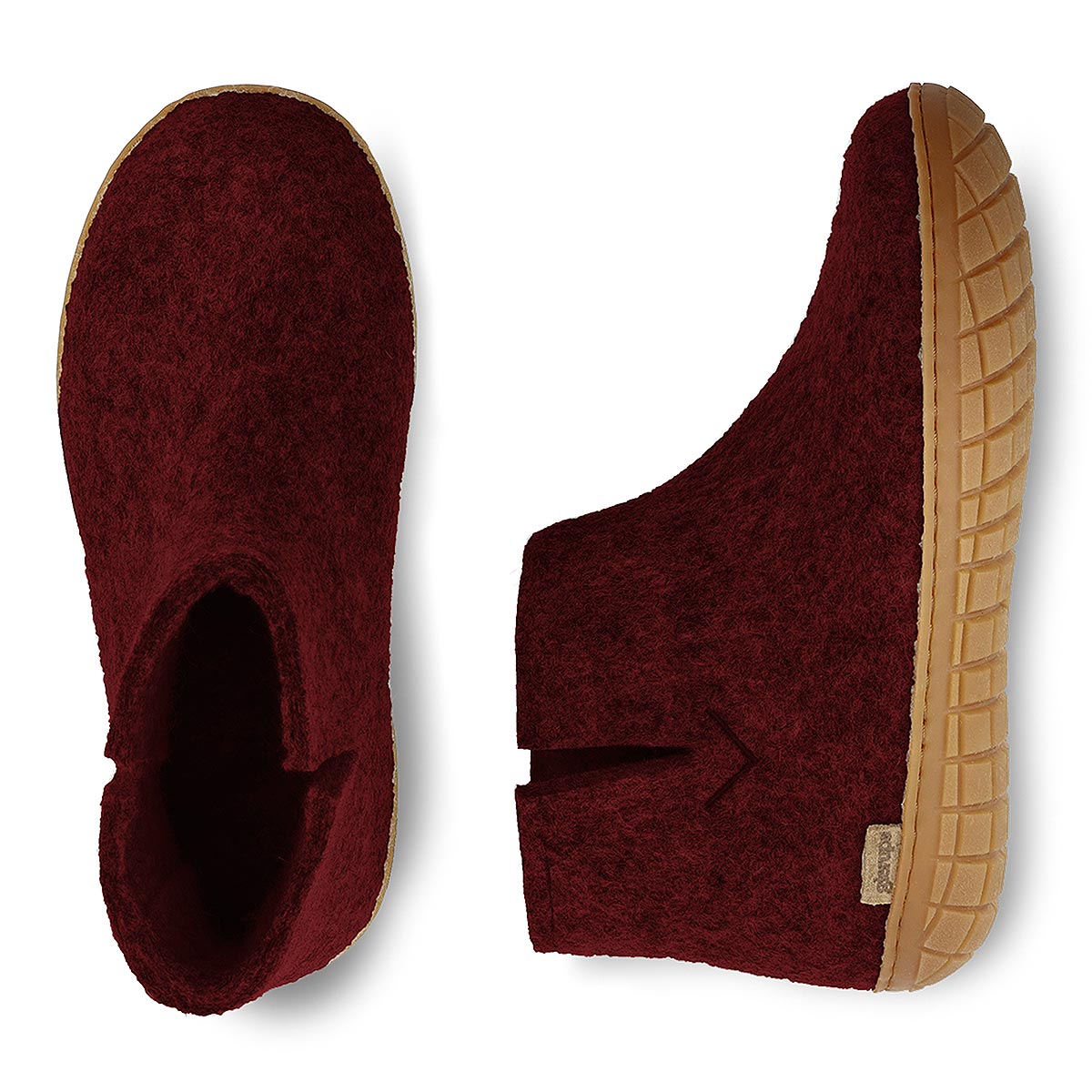 Arial and side view of a pair of rubber soled beet Glerups boots