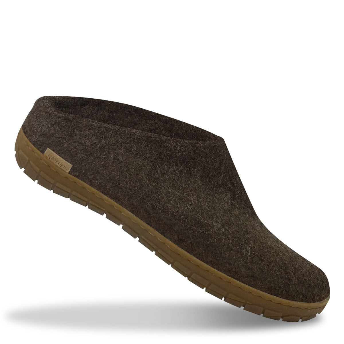 A brown Glerups slipper with rubber sole