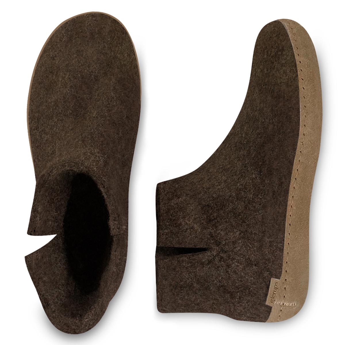 Arial and side view of felted Glerups wool boots with natural leather soles in brown