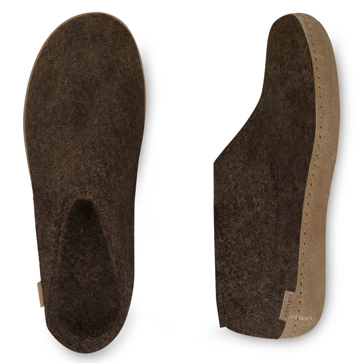 Arial and side view of Glerups show with leather sole in Brown