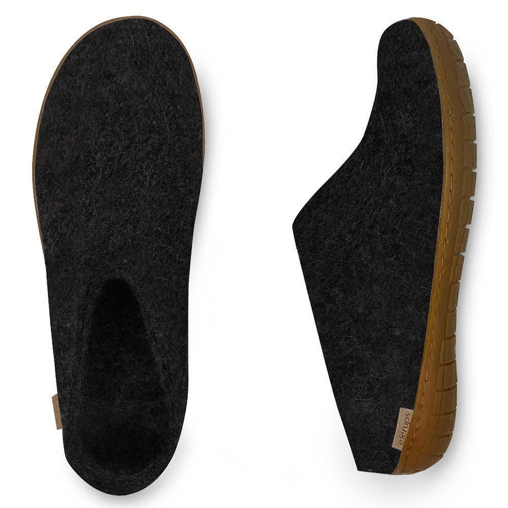 Arial and side view of Glerups rubber soled Mules in Charcoal