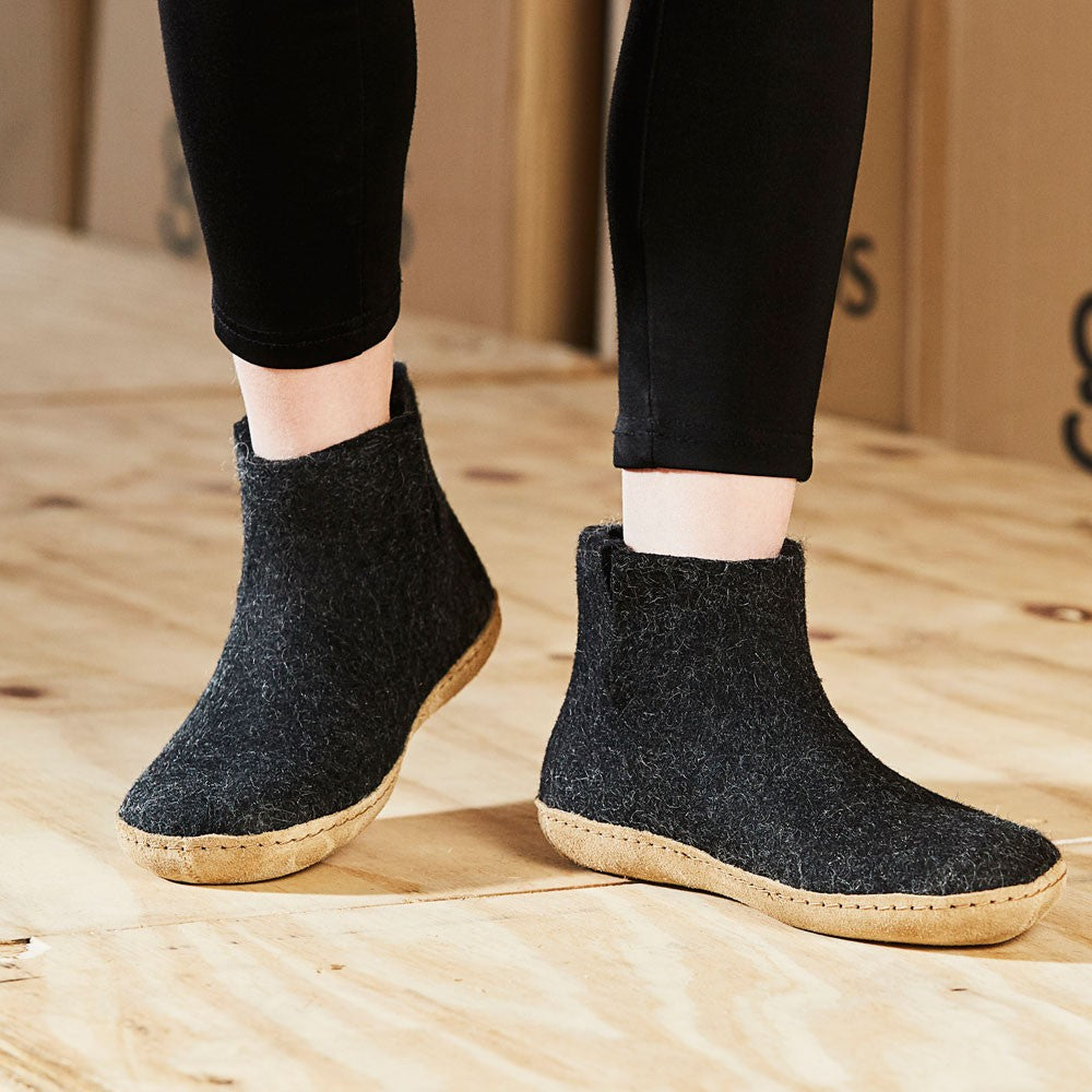 Woan wears Glerups Felt Ankle Boot - Charcoal