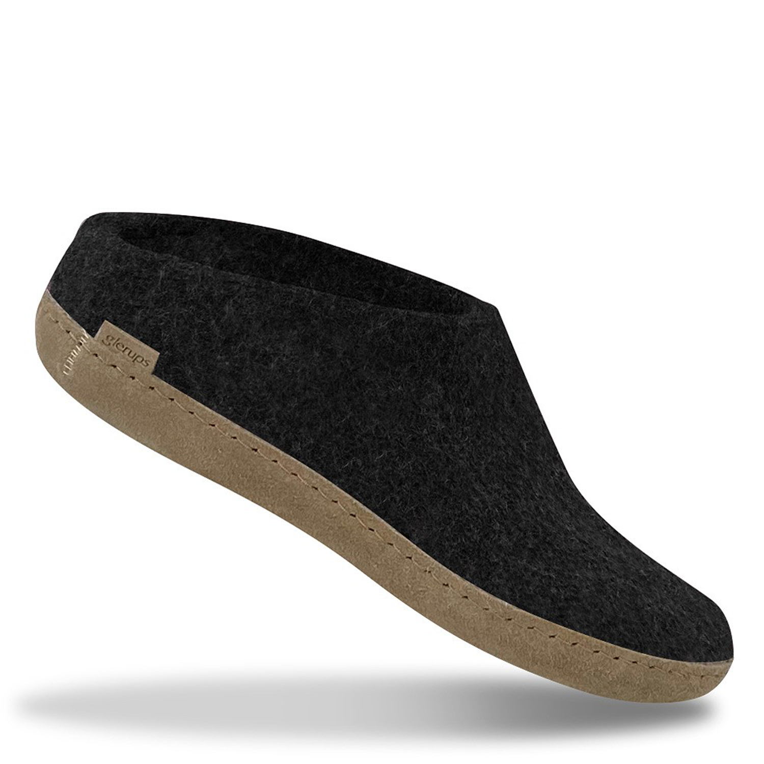 A charcoal Glerups Felt mule with a Leather Sole