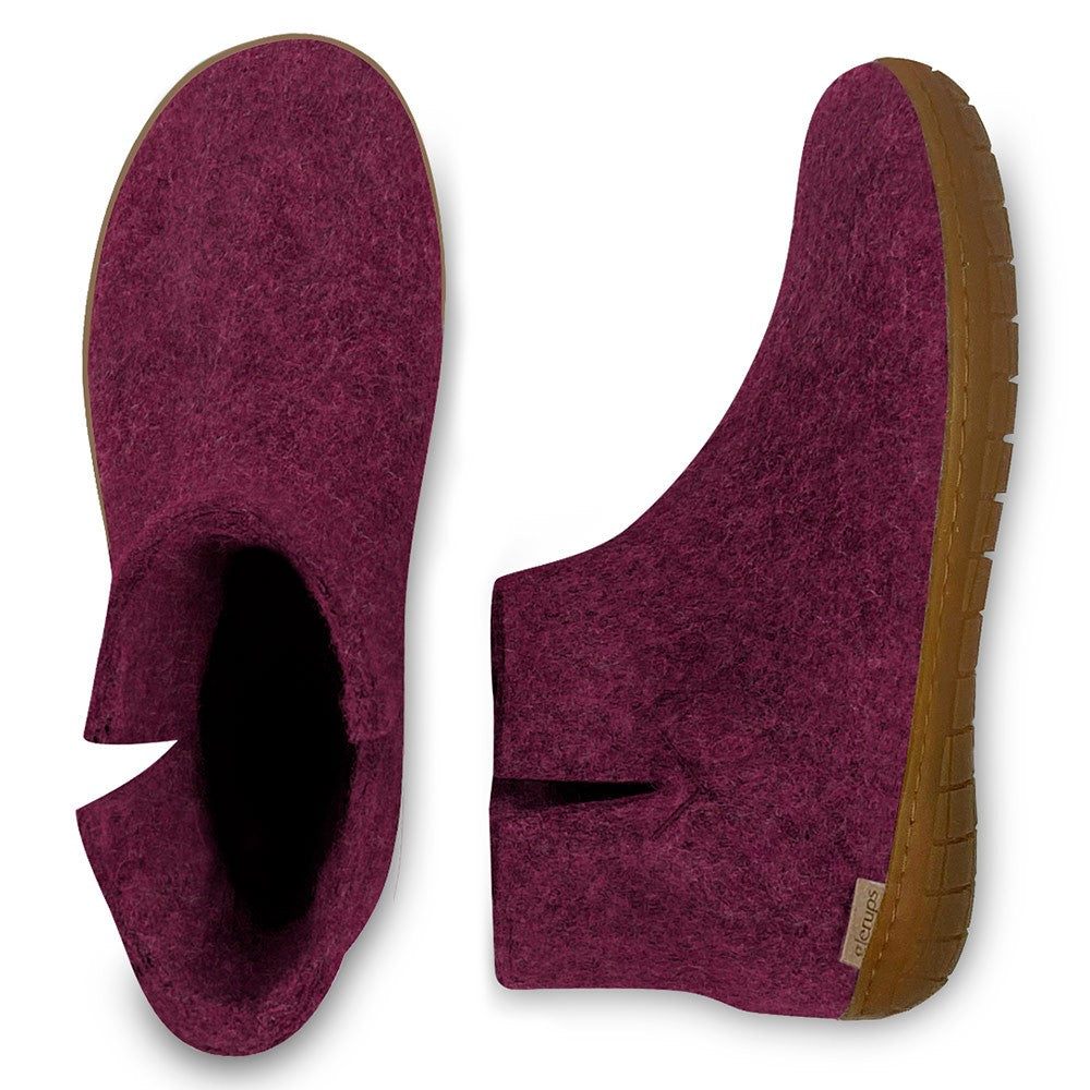 Arial and side view of Glerups Felt Rubber Sole Boot - Cranberry