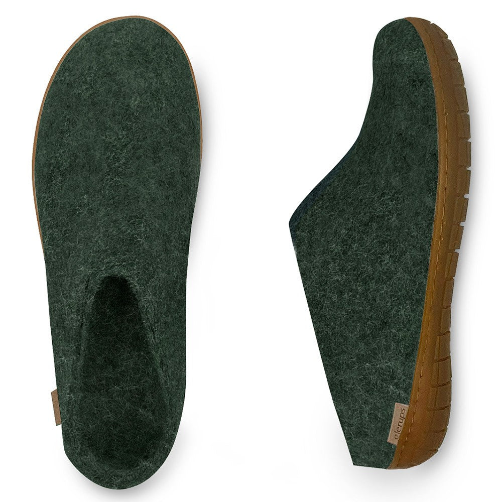 Arial and side view of Glerups rubber ssoled mules in Forest