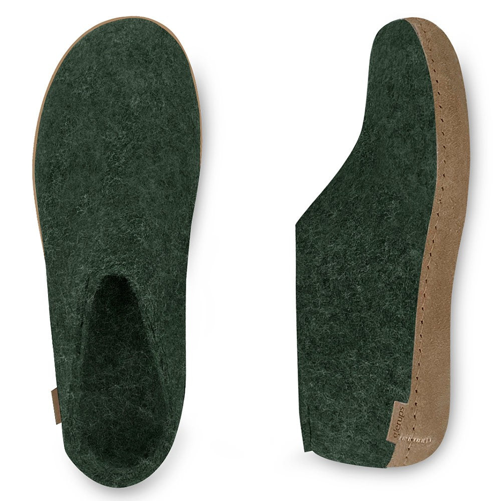 Arial and side view of a pair of felted Glerups shoe with leather soles in Forest