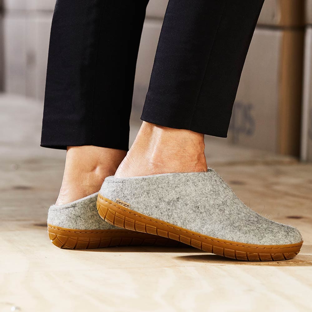 A woman wears Glerups Felt Rubber Sole Mule - Grey