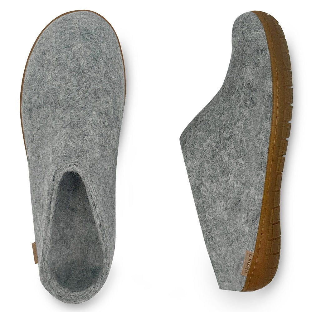 Arial and side view of Glerups Rubber soled mules in grey