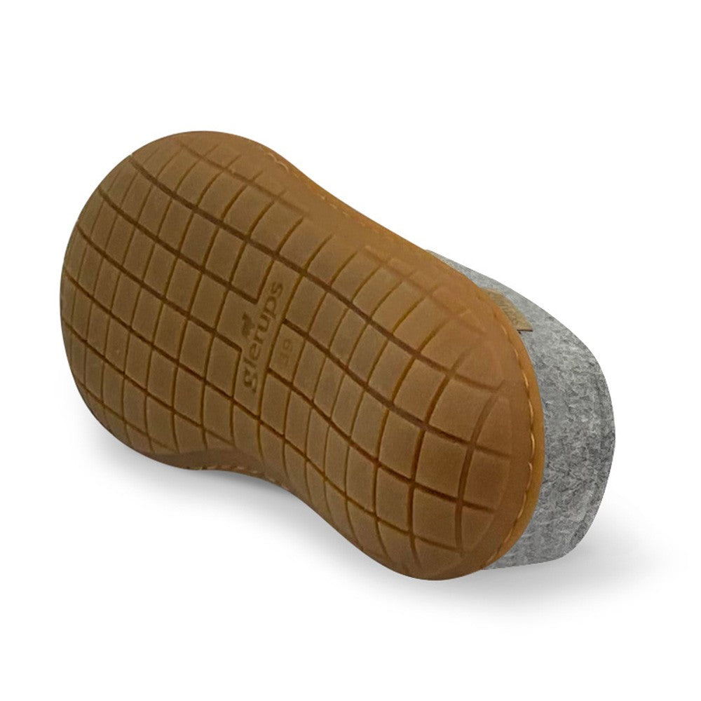 Underside view of rubber soles on Glerups mules in Grey