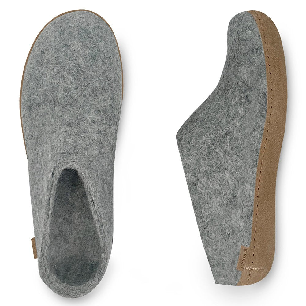Top and Side View of Glerups Grey Mules with Leather Soles