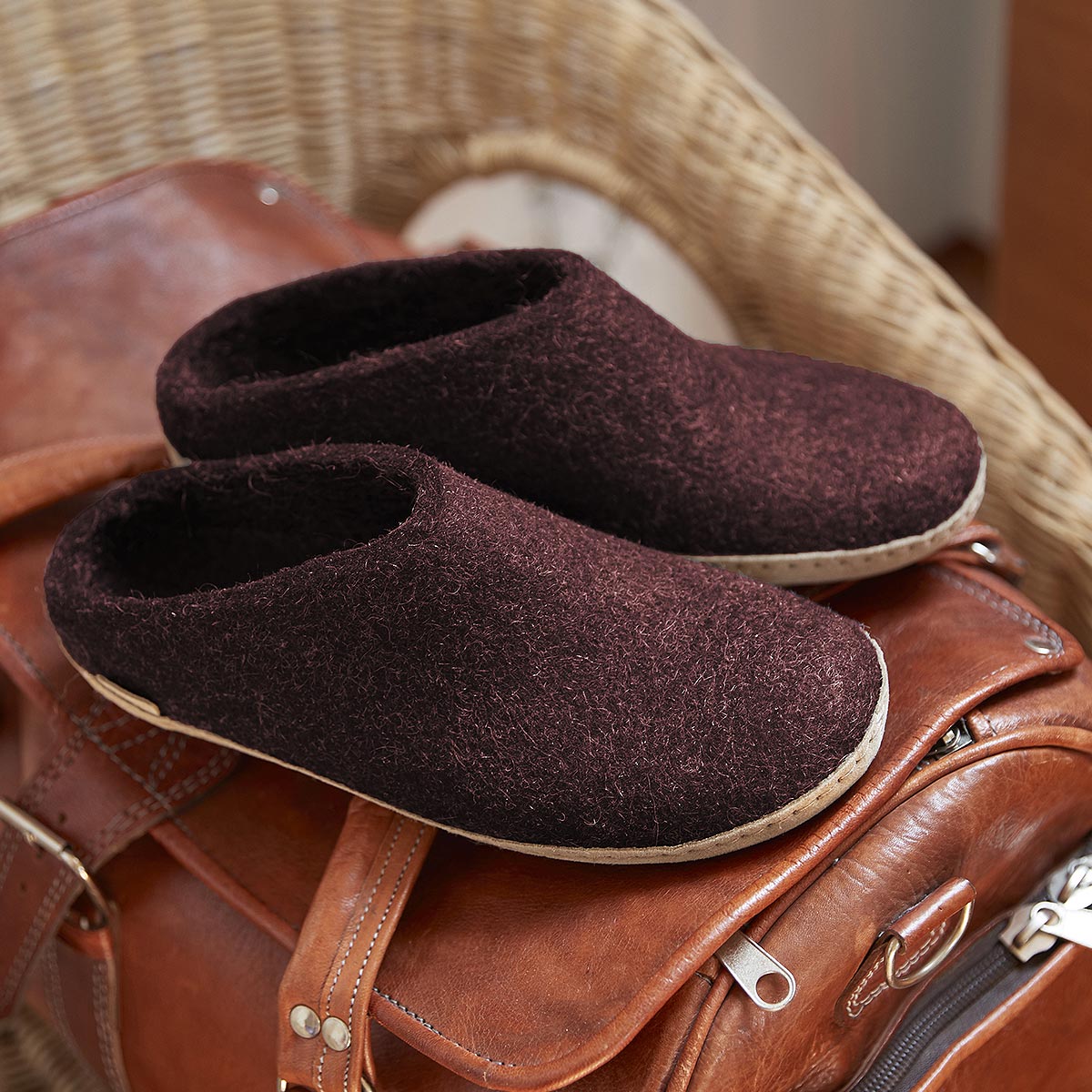 Pair of Glerups Mules in Beet with Leather soles
