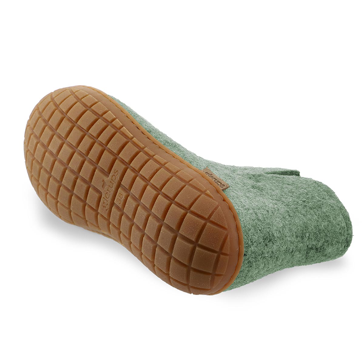 Underside view of rubber soled Glerups boot in moss