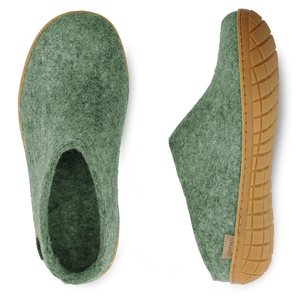 Arial and side view of Glerups rubber soled mules in moss