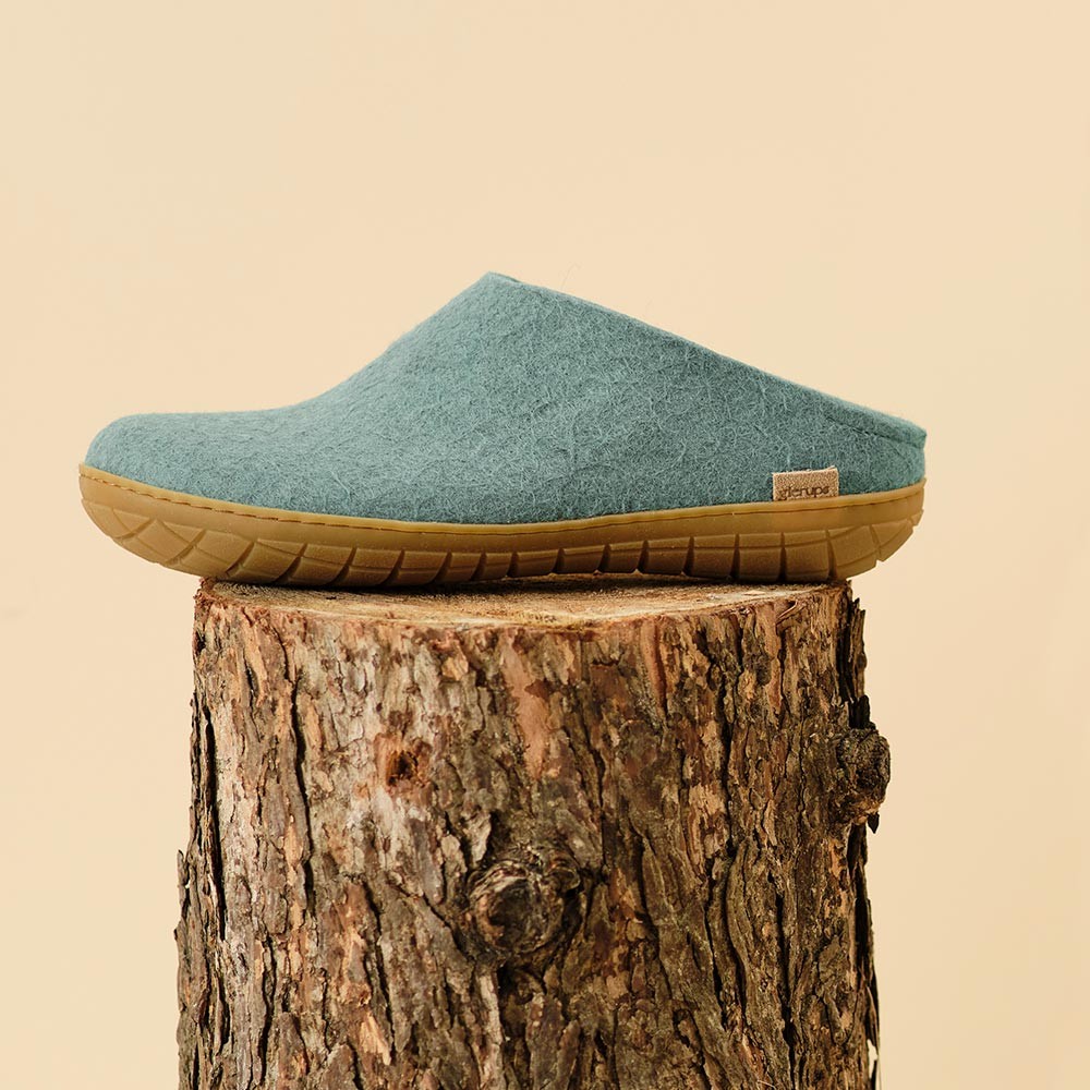 Glerups Felted Wool Rubber Sole Mule - North Sea on a log podium