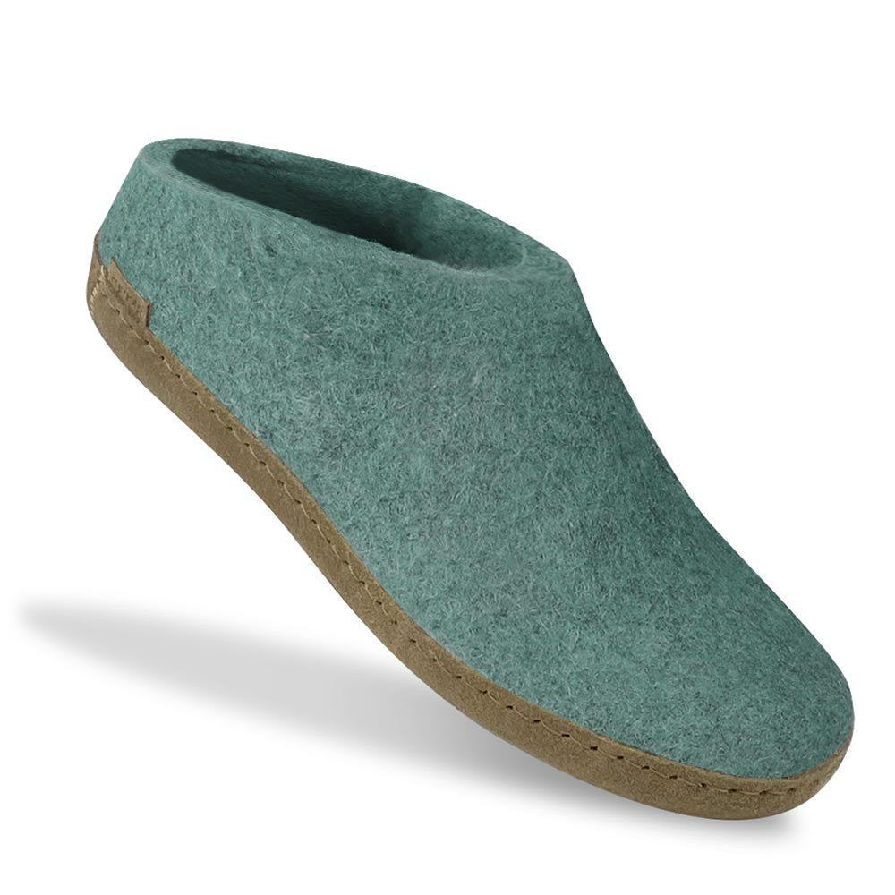 Felted wool slipper. Glerups leather sole Mule in North Sea