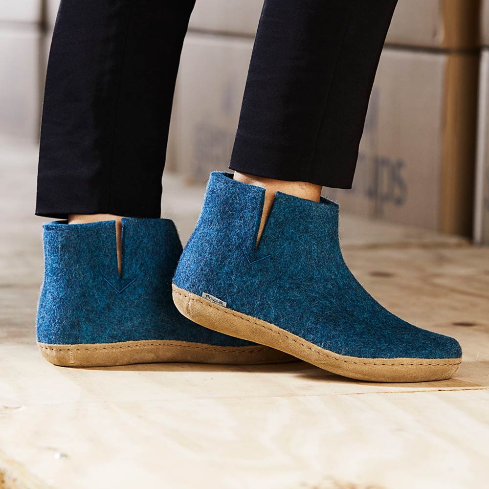 woman wears Glerups Felt Ankle Boot - Petrol