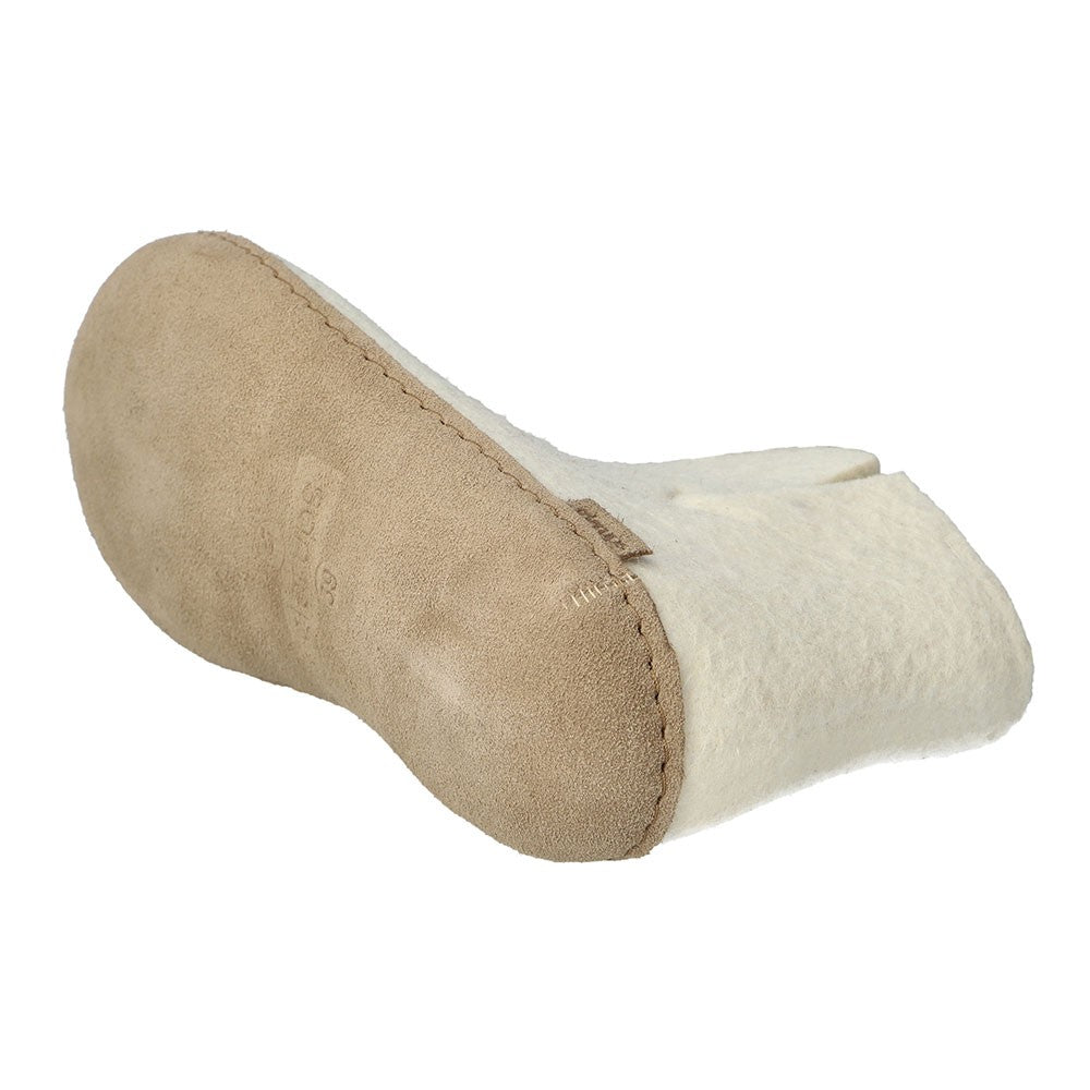 Underside view of leather soled Glerups boots in white