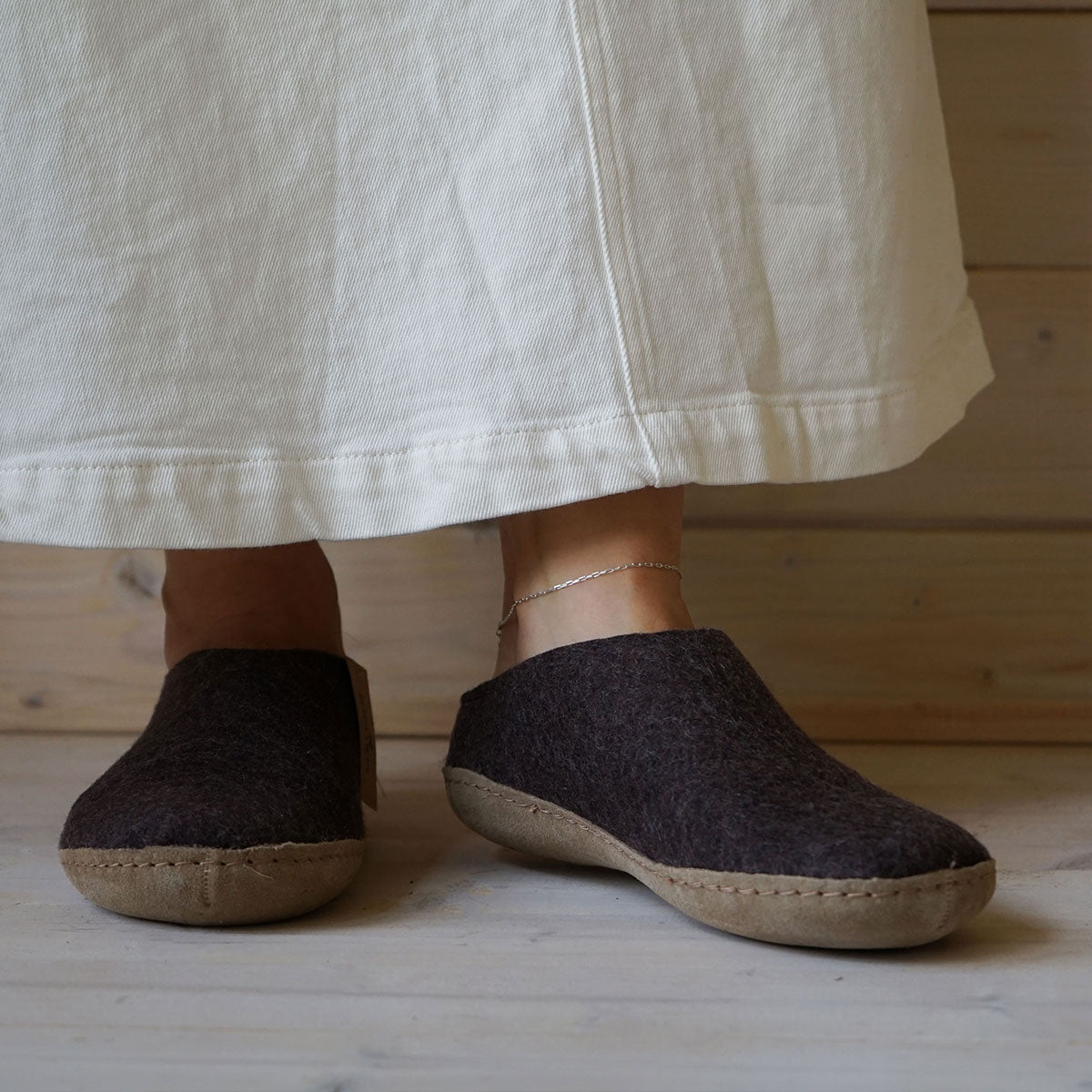 Woman wearing Brown Glerups Mules with Leather Soles