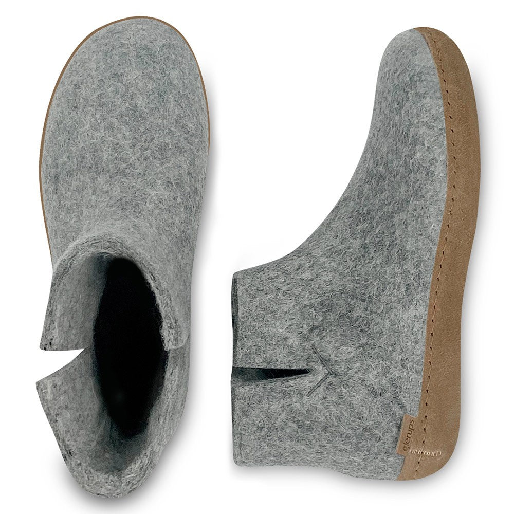 Arial and side view of Glerups boots with leather sole in grey