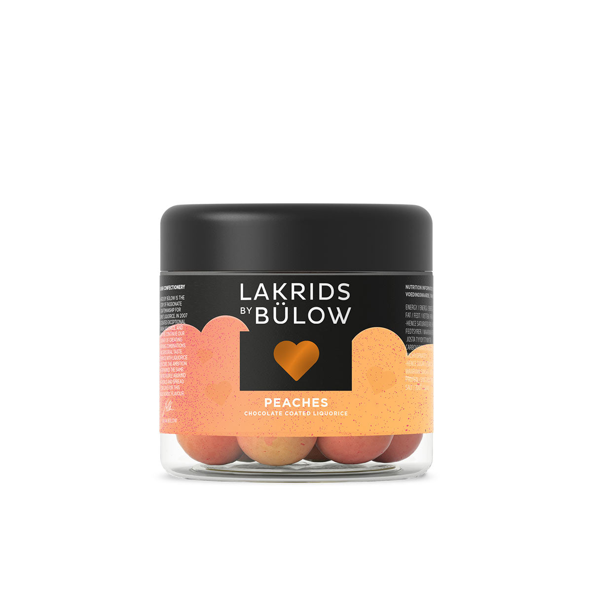 Jar of Lakrids by Bulow peaches on a white background
