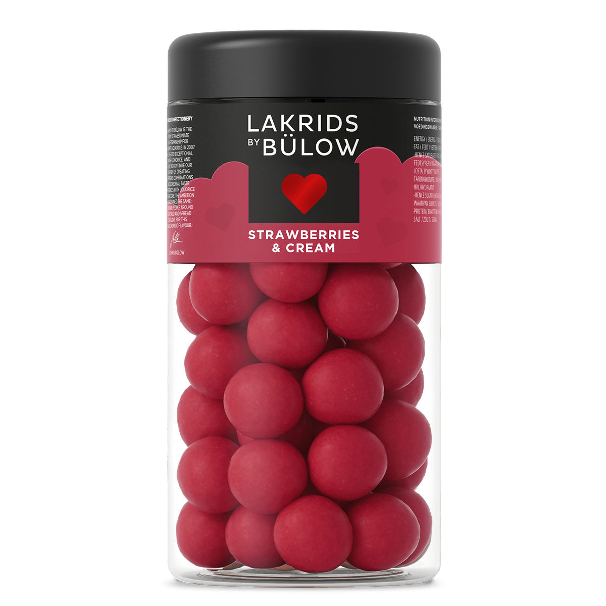 Jar of red candies with a black lid labeled 'Lakrids by Bulow Strawberries & Cream' on a white background.