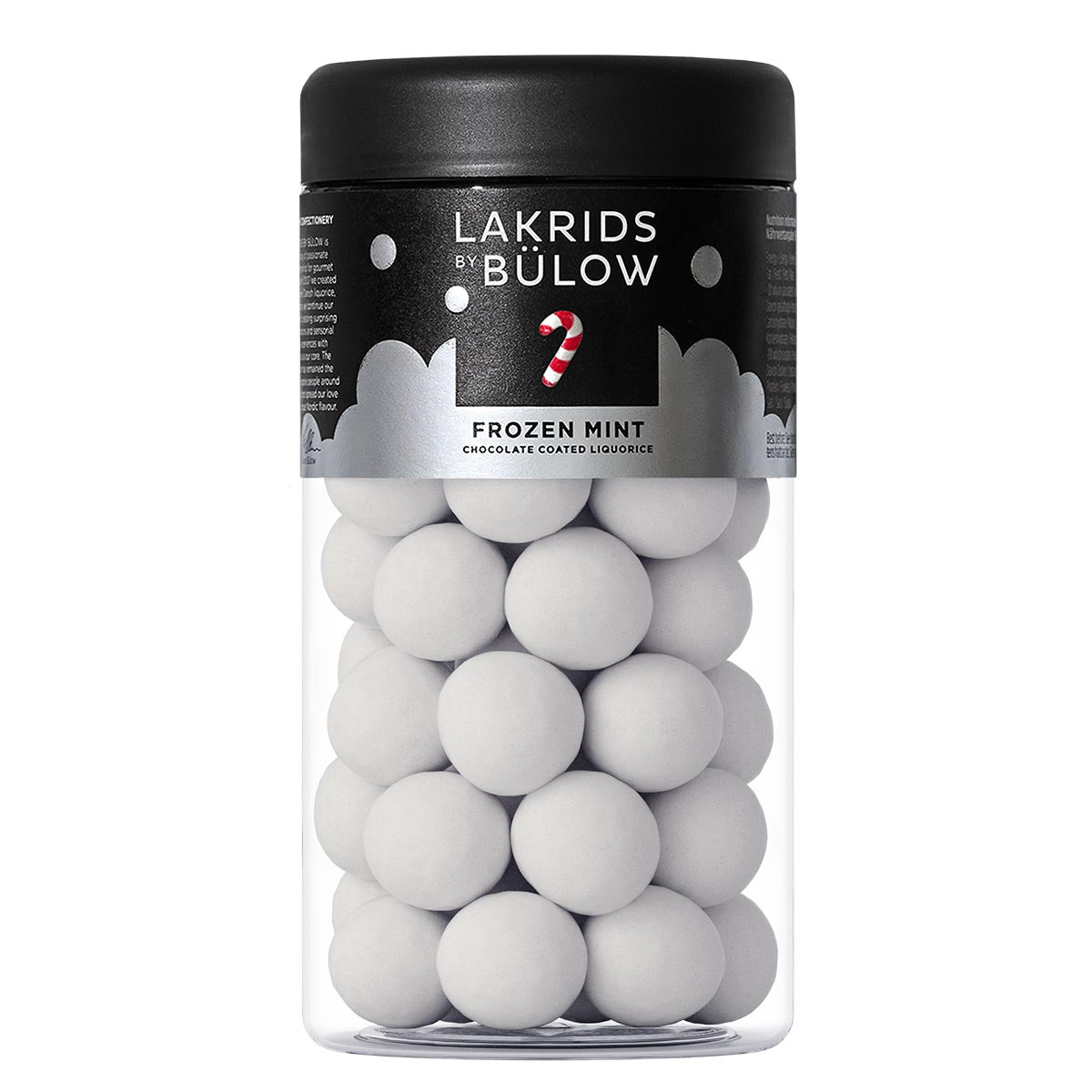 Regular Jar of Lakrids by Bulow Frozen Mint chocolate-coated liquorice on a white background