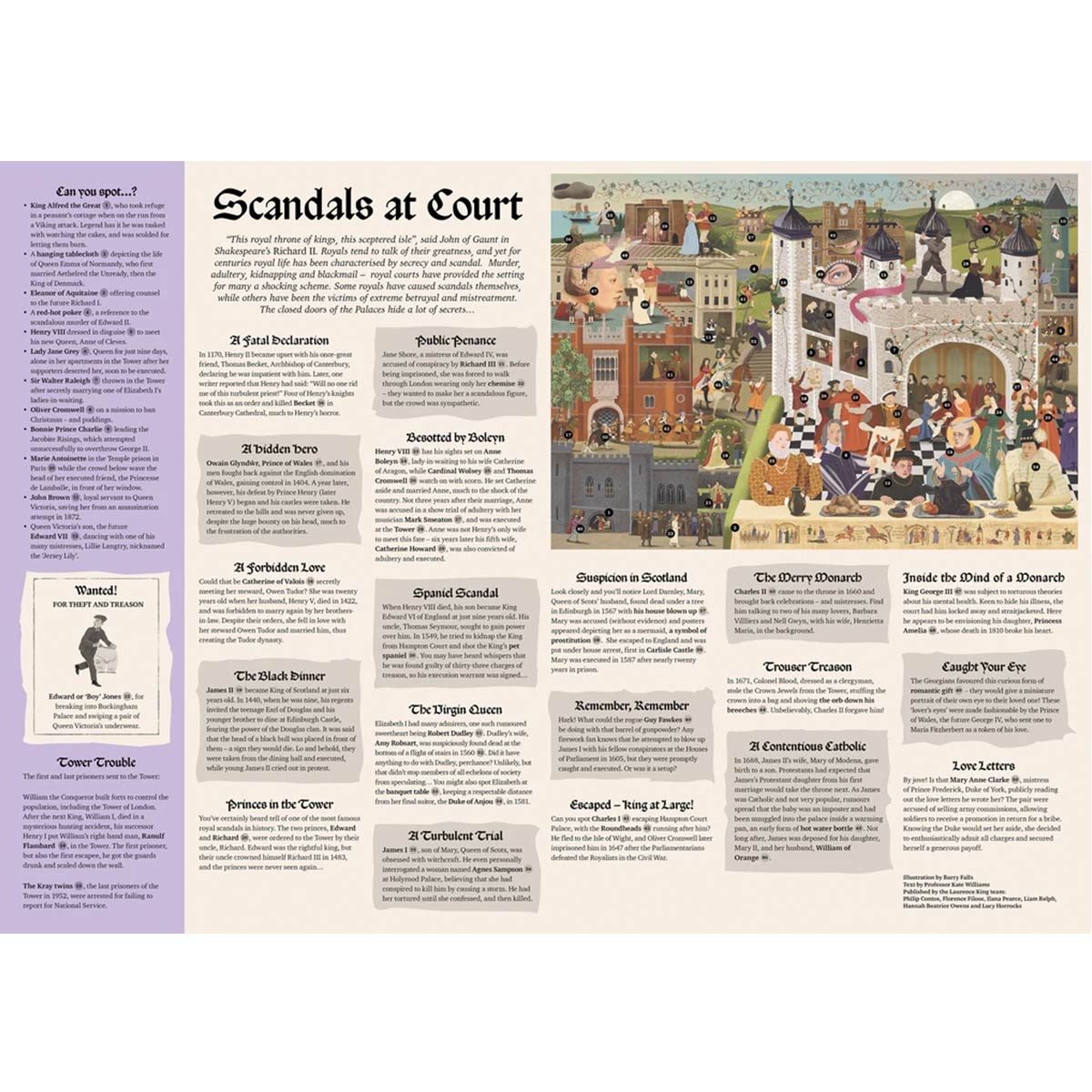 Scandals at Court jigsaw puzzle fold-out text and illustration of court scene on a white background