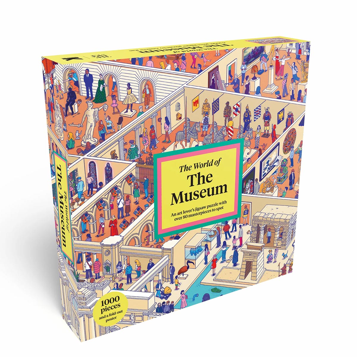 A 1000-piece jigsaw puzzle box titled 'The World of The Museum' featuring a highly detailed, colorful cartoon illustration of a bustling museum interior.
