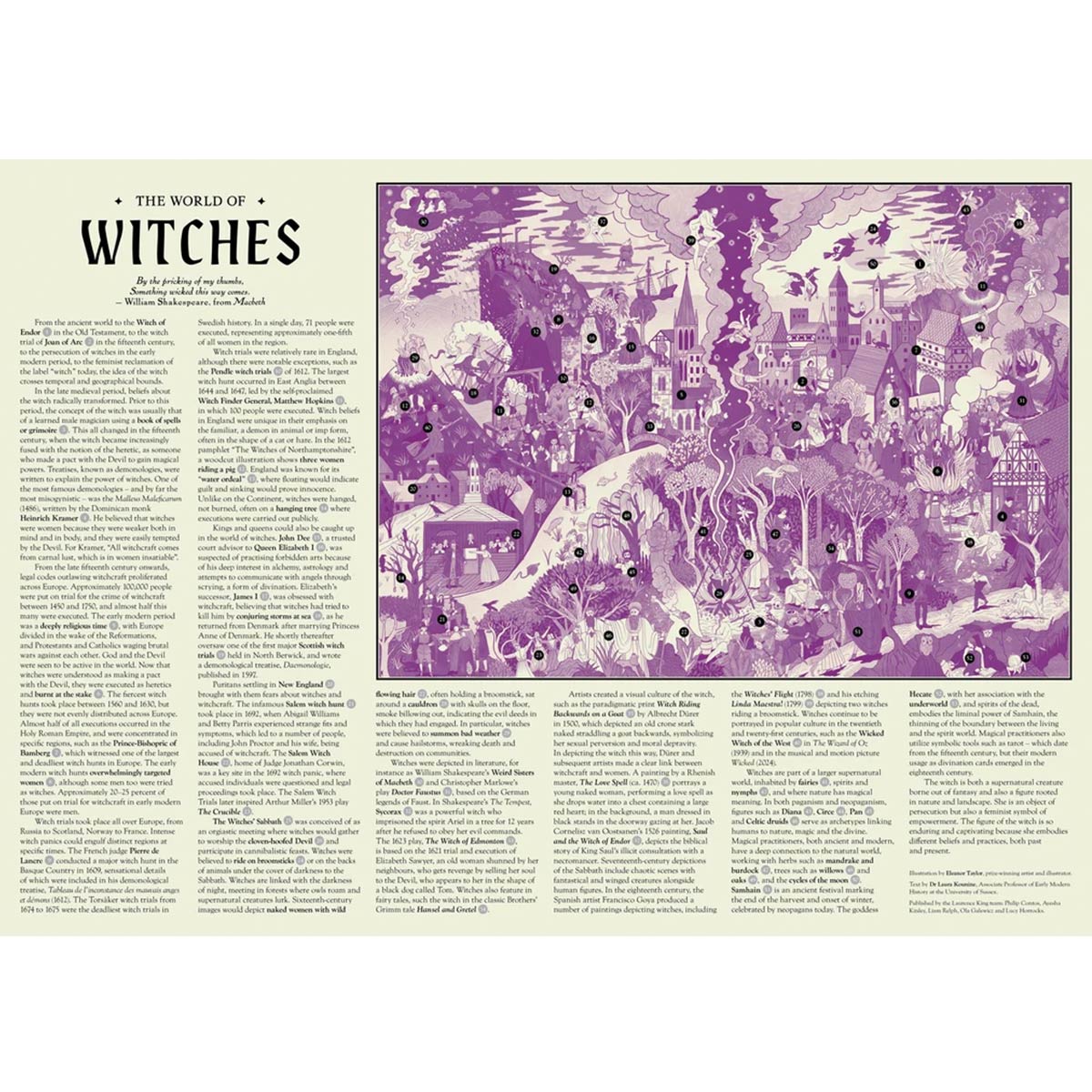 A flat lay of a 'The World of Witches' jigsaw map featuring a detailed purple and cream map of the magical world, surrounded by columns of text on a cream-coloured background.