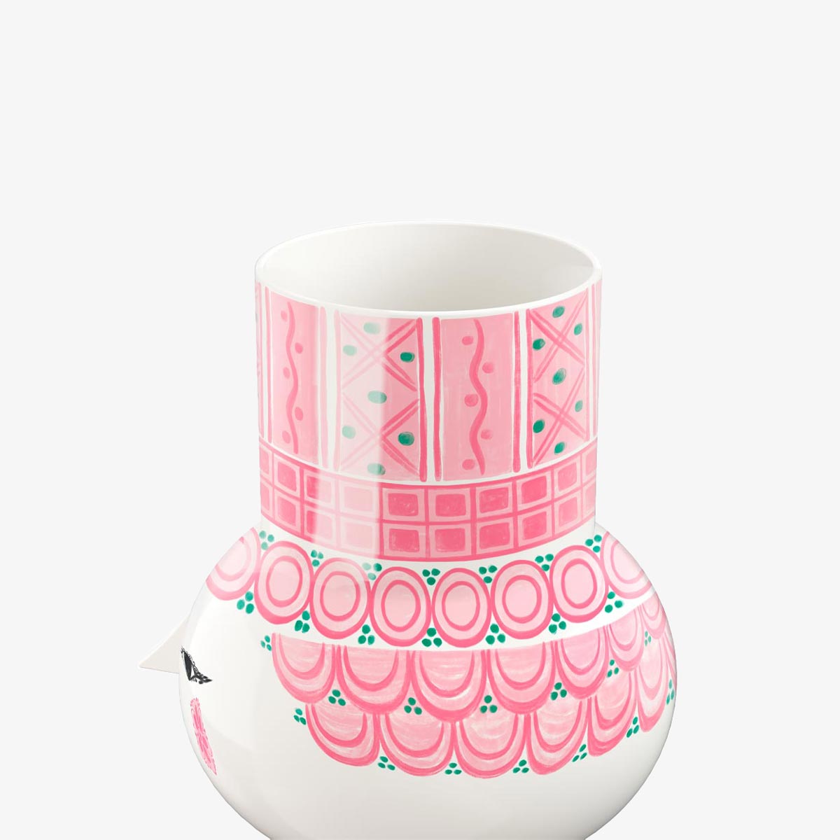 Decorative Bjorn Wiinblad Olga vase with pink and green patterns on a white background